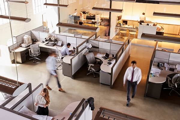 Elevated view of busy open plan office